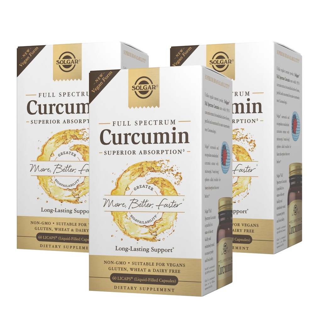 Solgar Full Spectrum Curcumin - 60 LiCaps, Confezione da 3 - Assorbimento Superiore - Cervello, Joint & Immune Health - Non-GMO, Vegan, Gluten Free, Dairy Free - 180 Total Servings