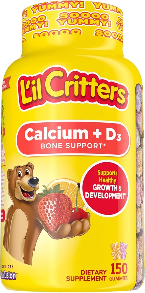 L’il Critters Calcium + D3 Daily Gummy Supplemento per bambini, per Bone Support, Arancione, Fragola e Ciliegia Sapori, 150 Gummies