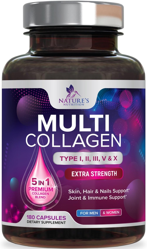 Supplemento Multi Collagen 2400 mg - Tipi I, II, III, V & X Pillole Multi Collagen Peptides per donne & uomini, Integratori di collagene idrolizzati, Capelli, Pelle, Unghie e Supporto Congiunto - 180 Capsule