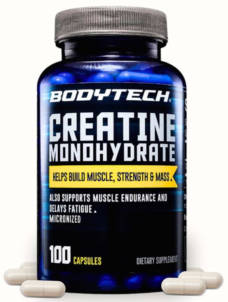 BODYTECH Creatina Monoidrato capsule un Micronized un Supporta la forza muscolare, la massa e l'eccedenza (100 capsule)