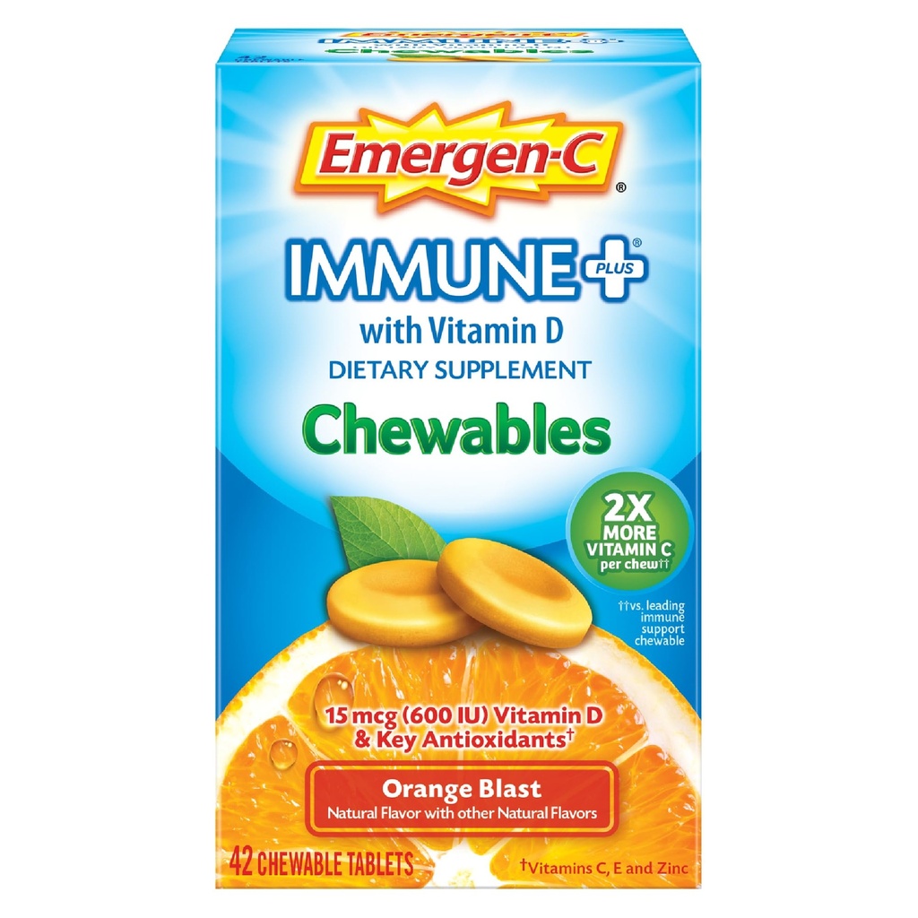 Emergen-C Immune+ Chewables 1000mg Vitamina C con Vitamina D Tablet, Supporto Immune Integratore alimentare per Immunità, Arancione Blast Flavor, Back to School Essentials - 42 Count