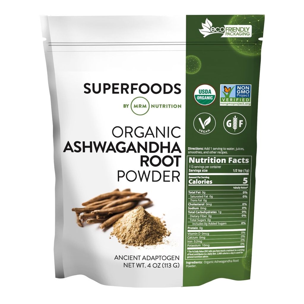 MRM Nutrition Organic Ashwagandha Root Powder | Superfoods | Antioxidants | Vegan + Gluten-Free | 113 Serve
