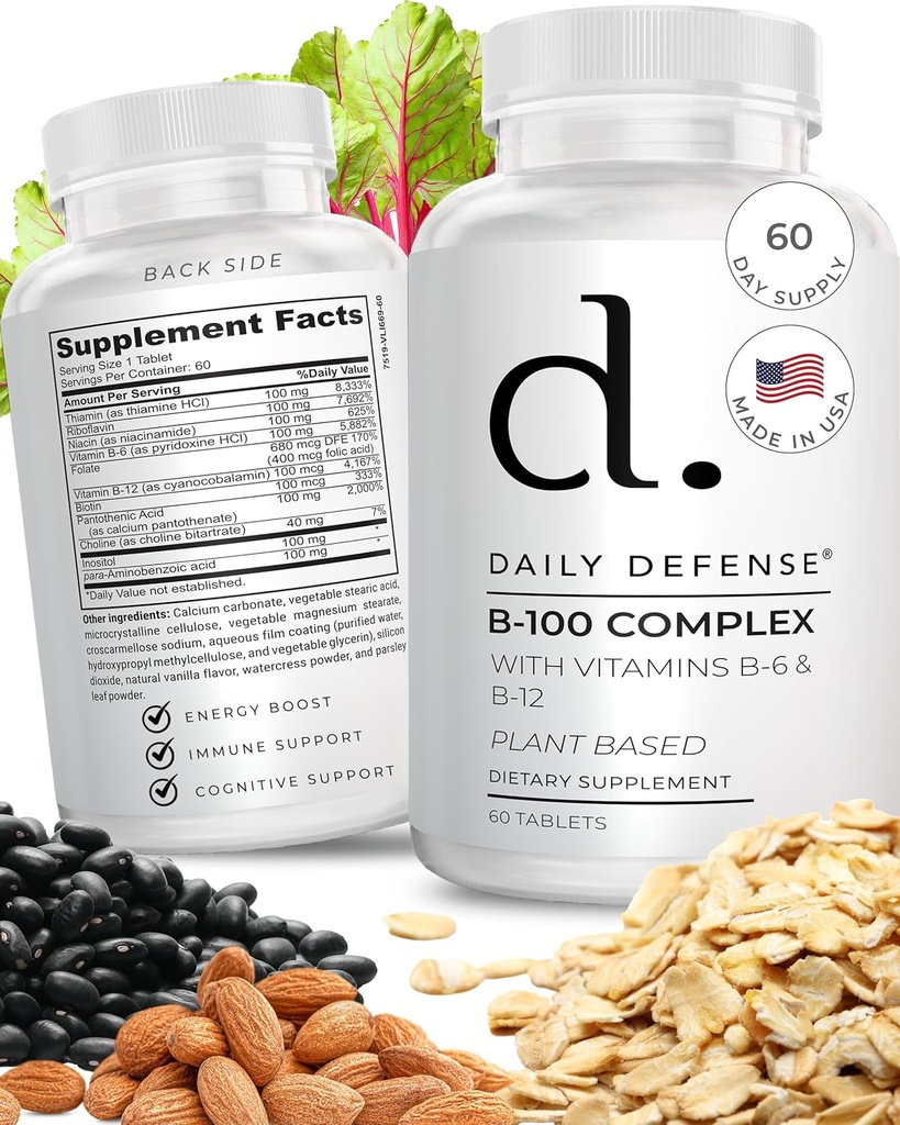 B Vitamine complesse per uomini e donne B-100 Complesso con vitamina B-6, vitamina B-12, Thiamin, & More - Integratori energetici basati sulle piante per il supporto immunitario e cognitivo - 60 compresse