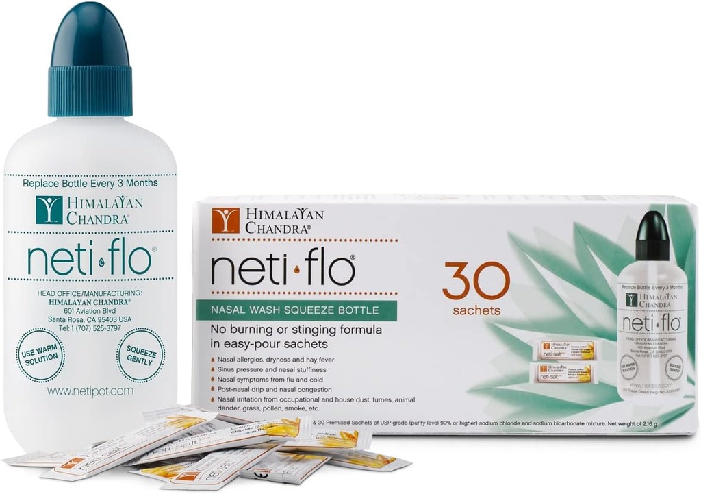 Himalayan Neti Flo Nasal Wash Bottiglia con 30 sacchetti, 10 once