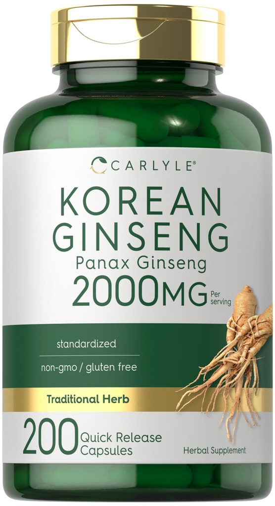 Carlyle Korean Ginseng Extract Capsule 2000 mg | 200 capsule | Non OGM e Gluten Free Formula | Standardized Panax Ginseng Supplemento
