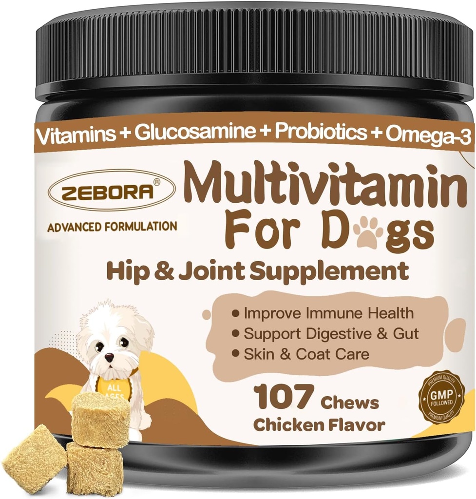 Cane Multivitamina con minerali per la salute generale - Vitamine di cane e integratori con glucosamina, Probiotici per cucciolo e cani anziani con minerali - Omega 3 Fish Oil per pelle e cappotto - 107 Chews