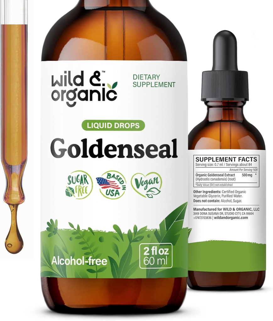 Wild & Organic Goldenseal Root Tincture - Pulire il polmone, Supporto immunitario e digestivo - Liquid Goldenseal Supplement - Vegan, Sugar & Alcohol-Free Herb Drops - 2 fl oz
