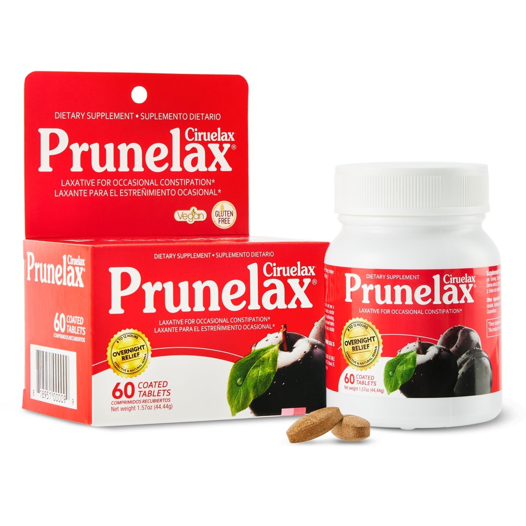 Prunelax Ciruelax Tavole Lassative di resistenza regolare - Rilievo di notte per costipazione occasionale, Estratto di senna, Vegan & Gluten-Free, Rilievo Gentle ad azione rapida - 60ct