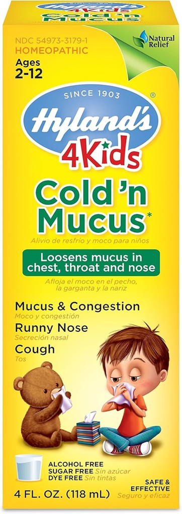 Medicina fredda di Hyland per bambini età 2 e superiore, freddo 'n liquido di sollievo di muco, sollievo naturale di muco e congestione, Runny Nose, tosse, 4 once