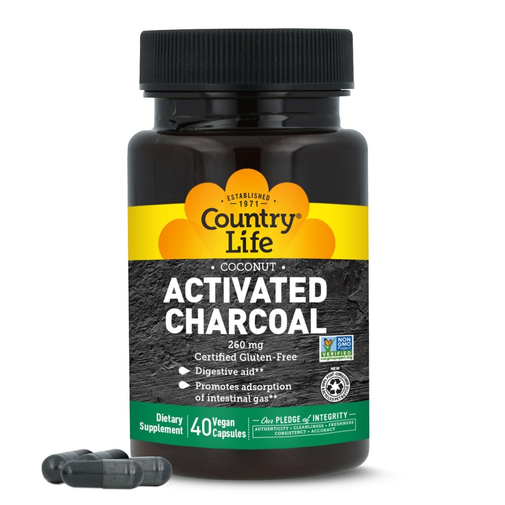 capsule di carbone attivate dal cocco di vita di campagna, 260mg – Supplemento naturale di carbone per il sollievo dal gas e dal gonfiore - Gluten-Free, 40 capsule vegane