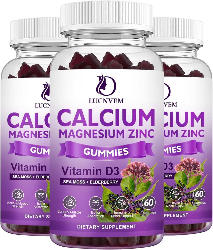 Calcium Magnesio Zinc Gummies witn Elderberry and Sea Moss, Calcio Magnesio 2:1, Contiene Magnesio Glycinate, Vitamina D3, per Bones, Muscoli, Calma Mood & Sleep Support , 60 Gummies(3 Pacchetti)