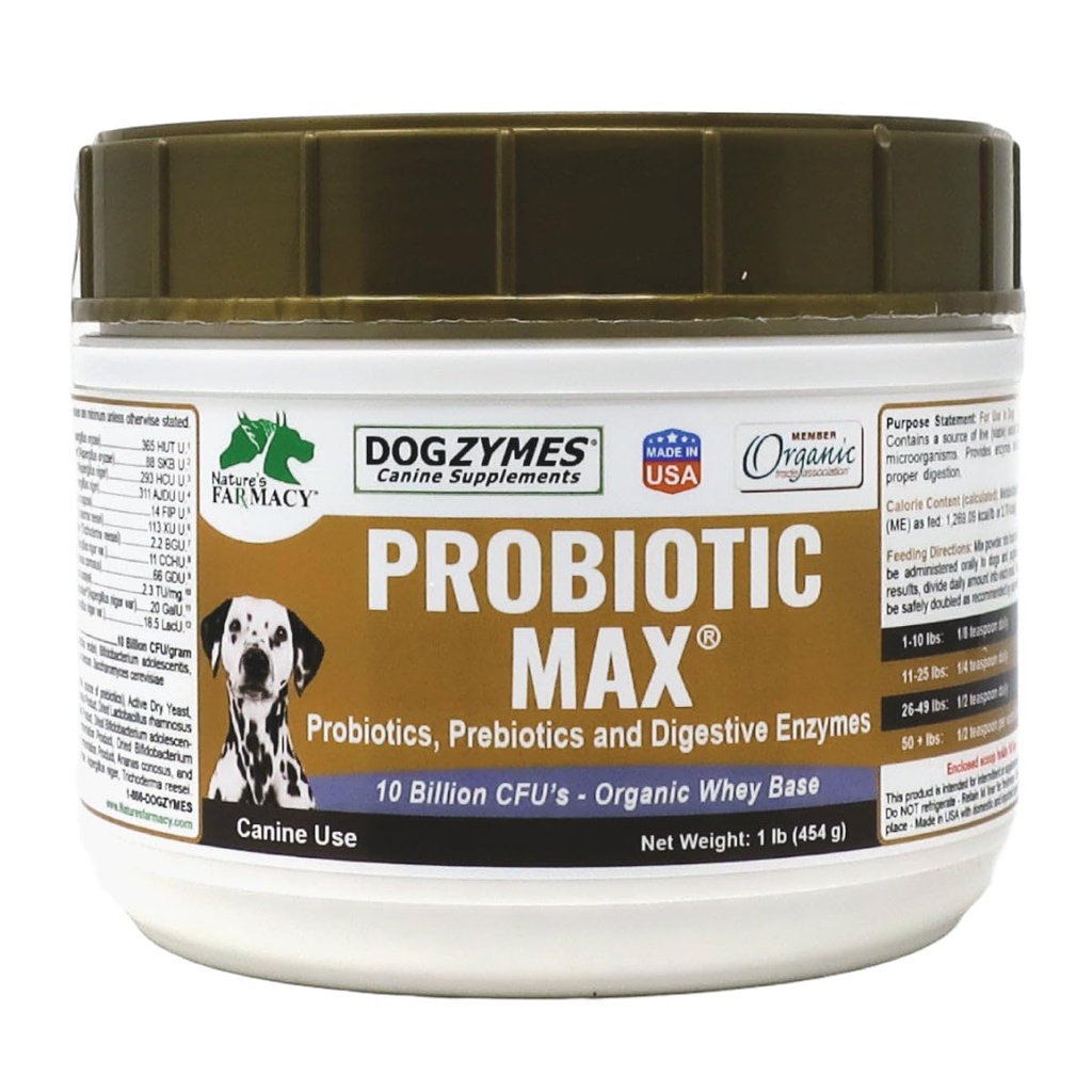Dogzymes Probiotic Max -10 miliardi di CFU Probiotici, Prebiotici, Enzimi Digestivi - Allevia la Diarrea, l'Azzeramento Stomach, costipazione, Gas, Allergia, Immunità & Salute complessiva 1 Pound