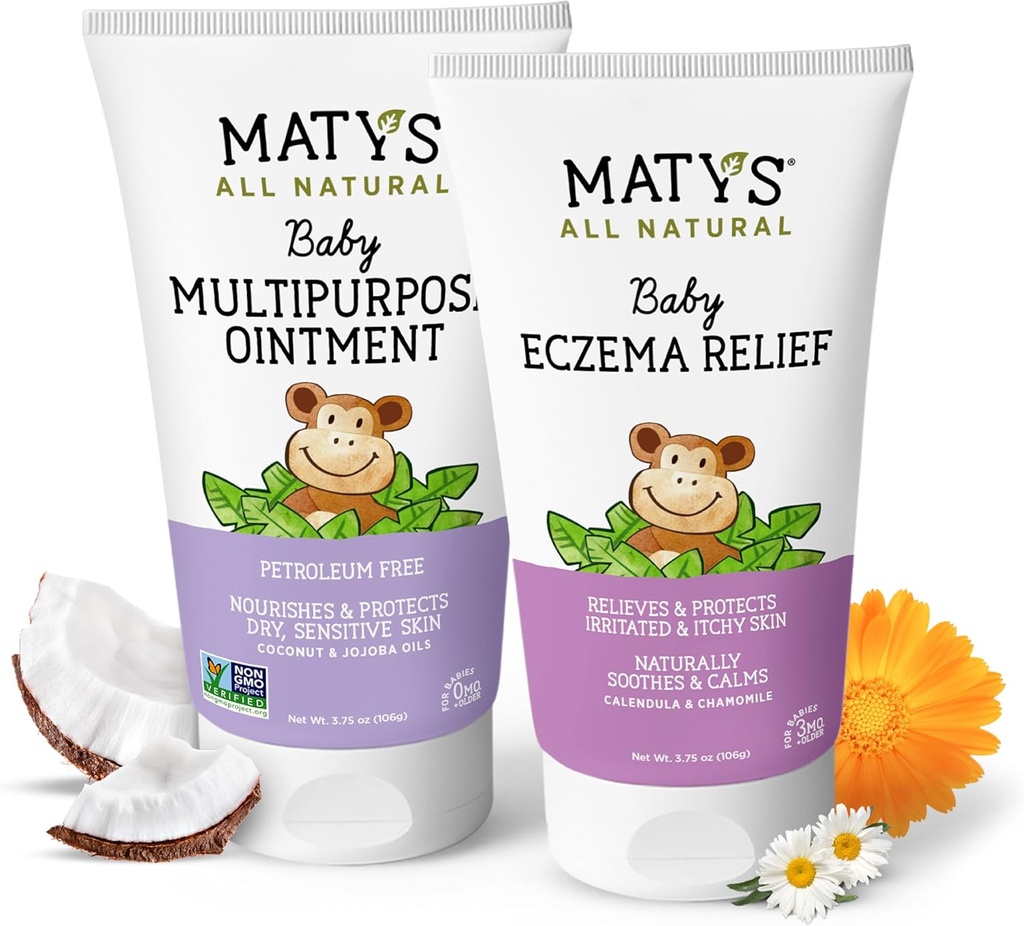 Matys Baby Eczema & Multipurpose Ointment 2pk Combo per bambini 3 mesi +, Soothe Eczema & Nourish Dry Skin, steroide/Petroleum libero, 3.75oz ogni tubo
