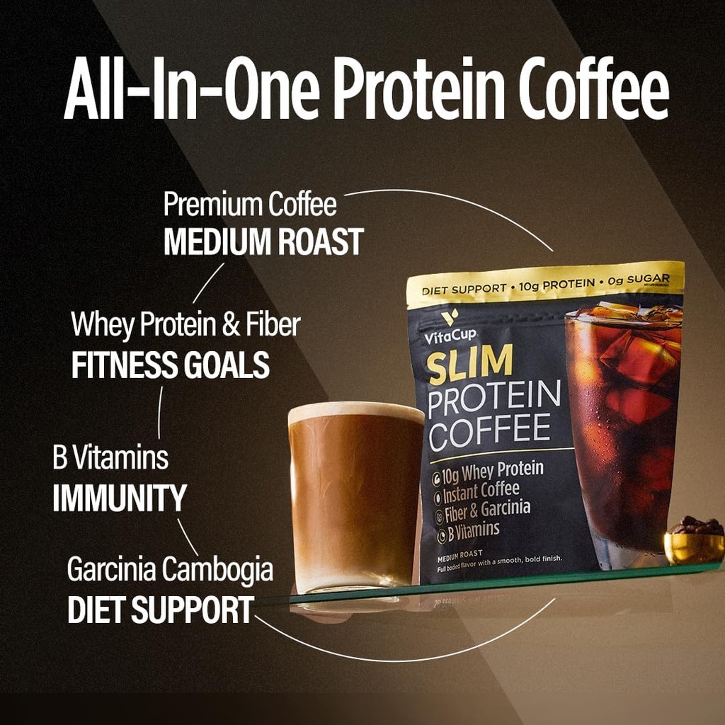 VitaCup Slim Protein Coffee Shake for Diet Support, Caffè istantaneo w/Whey Protein Powder, B Vitamins & Fiber, Dietitian Sviluppato per Prestazioni e Gusto, Fai come caffè freddo o Shake, 20 Serve