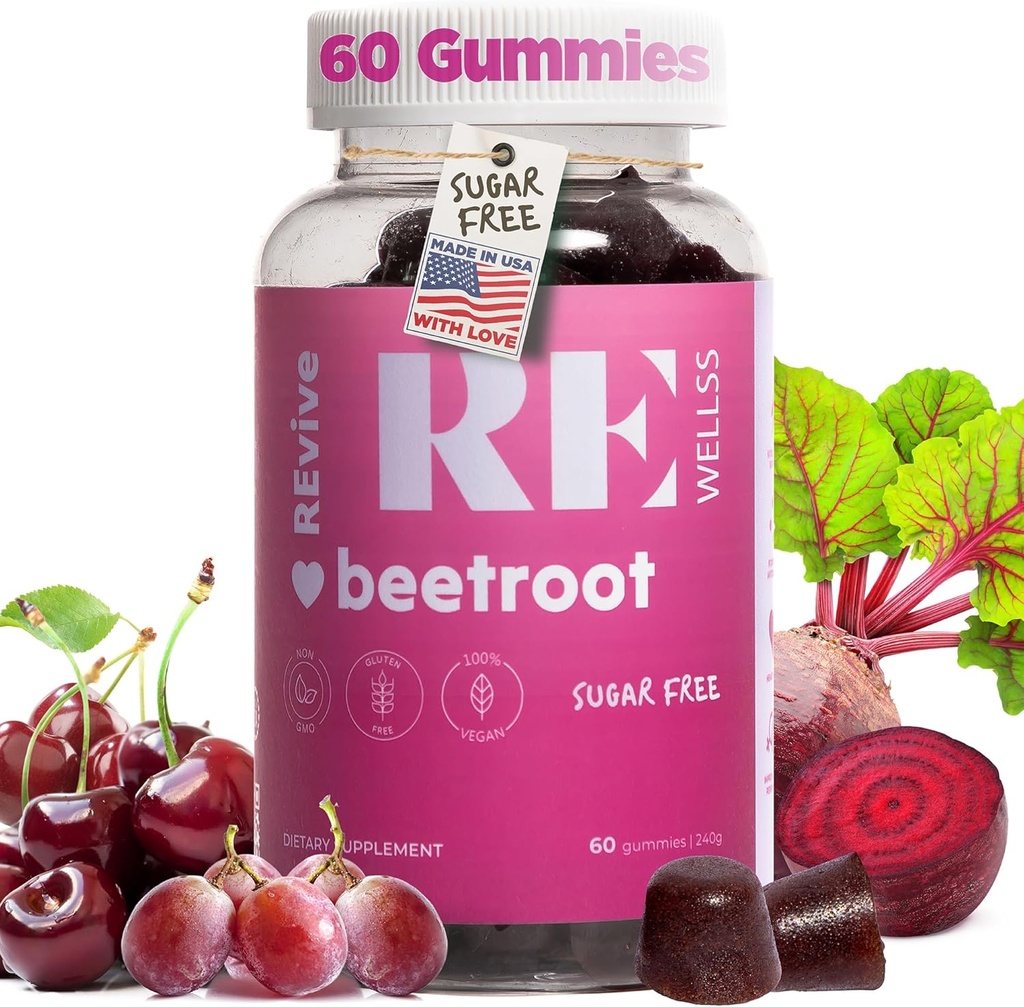 Gommie di radice di barbabietola con l'uva Seed Extract Integratori di energia I Supplementi di ossigeno nitrico senza zucchero per gli uomini e le donne I Supporto per la salute generale e la pressione sanguigna I 60 Gummies - Cherry Flavor