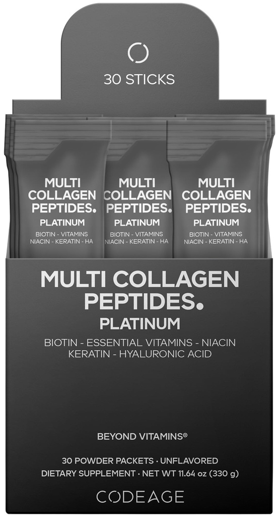 Codeage Multi Collagen e Biotin 10.000 mcg + Vitamina C, B6 & D3, Keratin, Acido Ialuronico, Niacina, 18 Aminoacidi - Supplemento Stick Packs - 5 tipi di proteine del collagene – 30 pacchetti di polvere