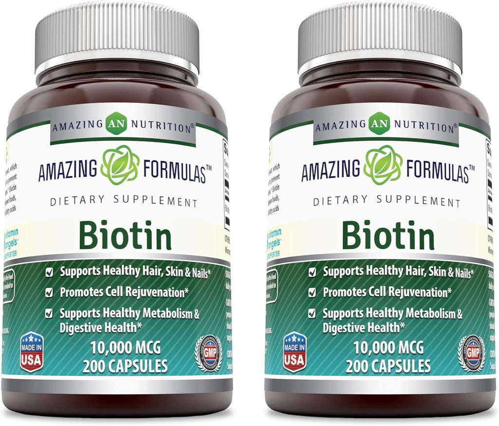 Incredibile Formulas Biotin 10000 mcg Veggie Capsule | Vitamina B7 Supplemento | Non-GMO | Gluten Free | Made in USA (200 Count | 2 Pack)