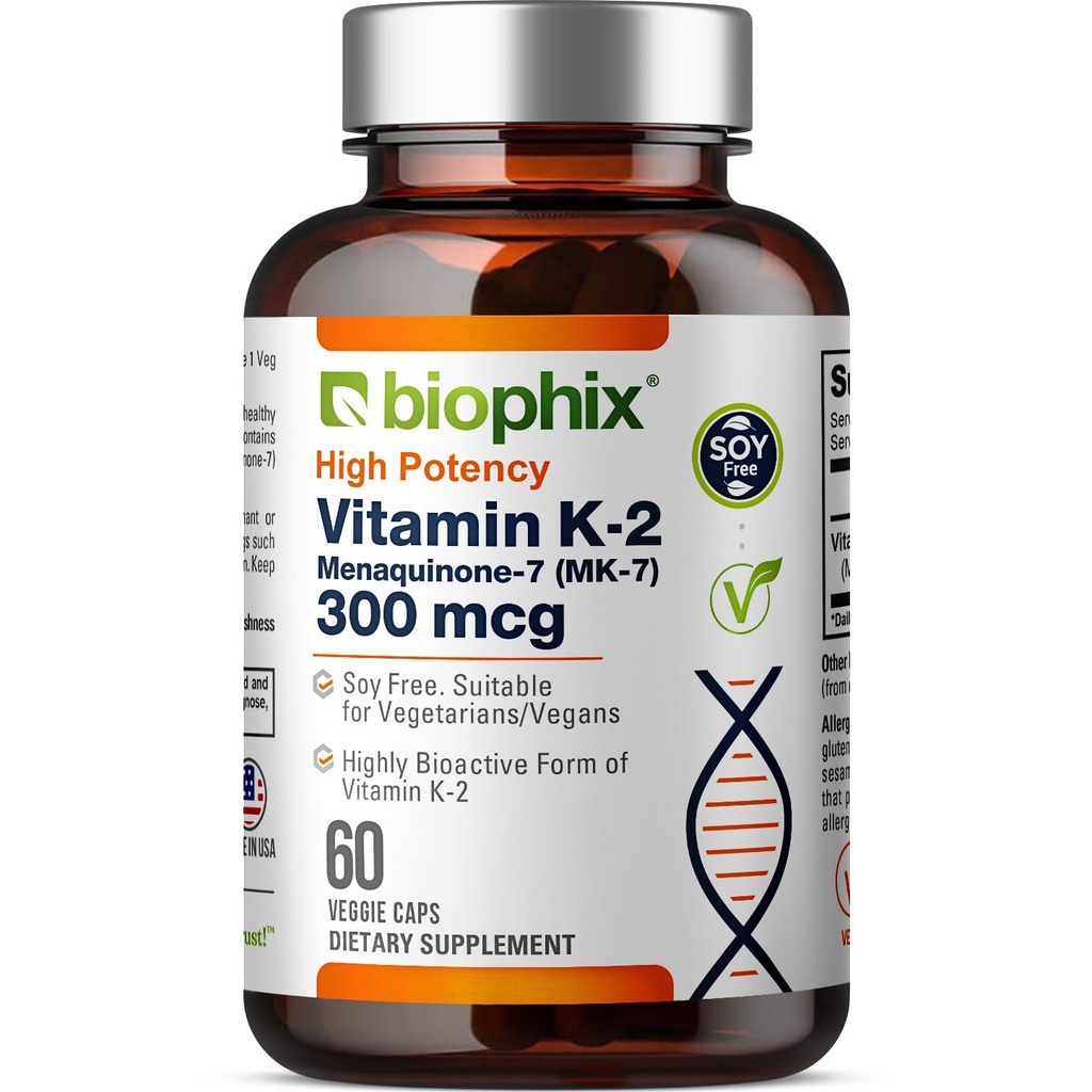 biophix Vitamin K2 MK-7 300mcg, 60 capsule vegane – Supplemento ad alta potenza per la resistenza del Bone e la salute immunitaria
