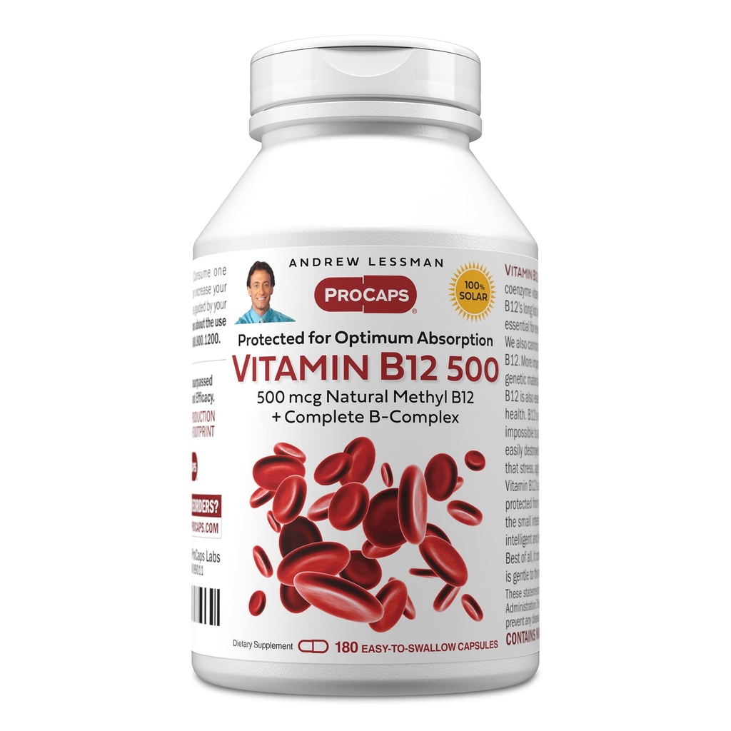 ANDREW LESSMAN Vitamina B12 500 180 capsule - Assorbimento-Protetto Methylcobalamin (Natural Coenzyme Vitamin B12), Essenziale per l'energia e il supporto dello stress, Plus B-Complex, Facile da ingoiare capsule