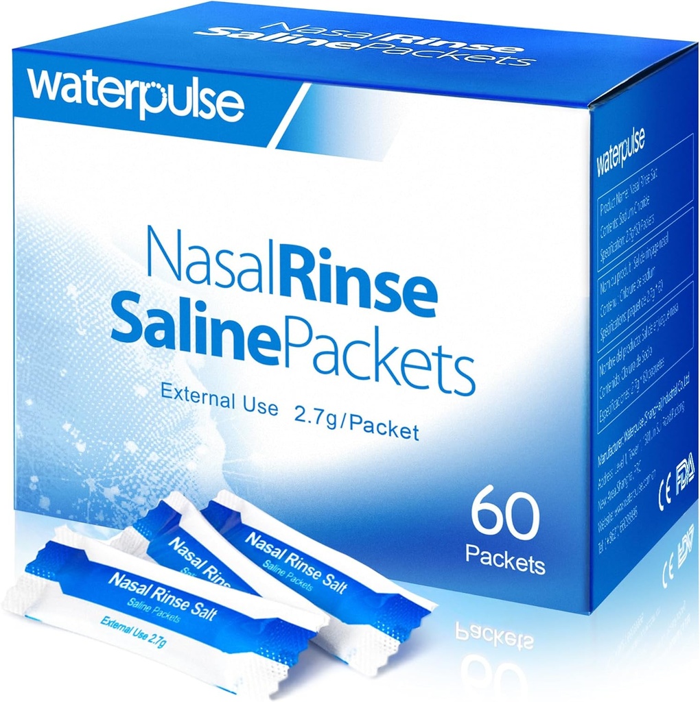 Waterpulse 60 Nasal Rinse Packets,Effective Neti Pot Salt Packets,Nasal Rinse Salt Packets Individualmente Avvolto - Soluzione conveniente per Sinusiti, Allergie e Rilievo Freddo
