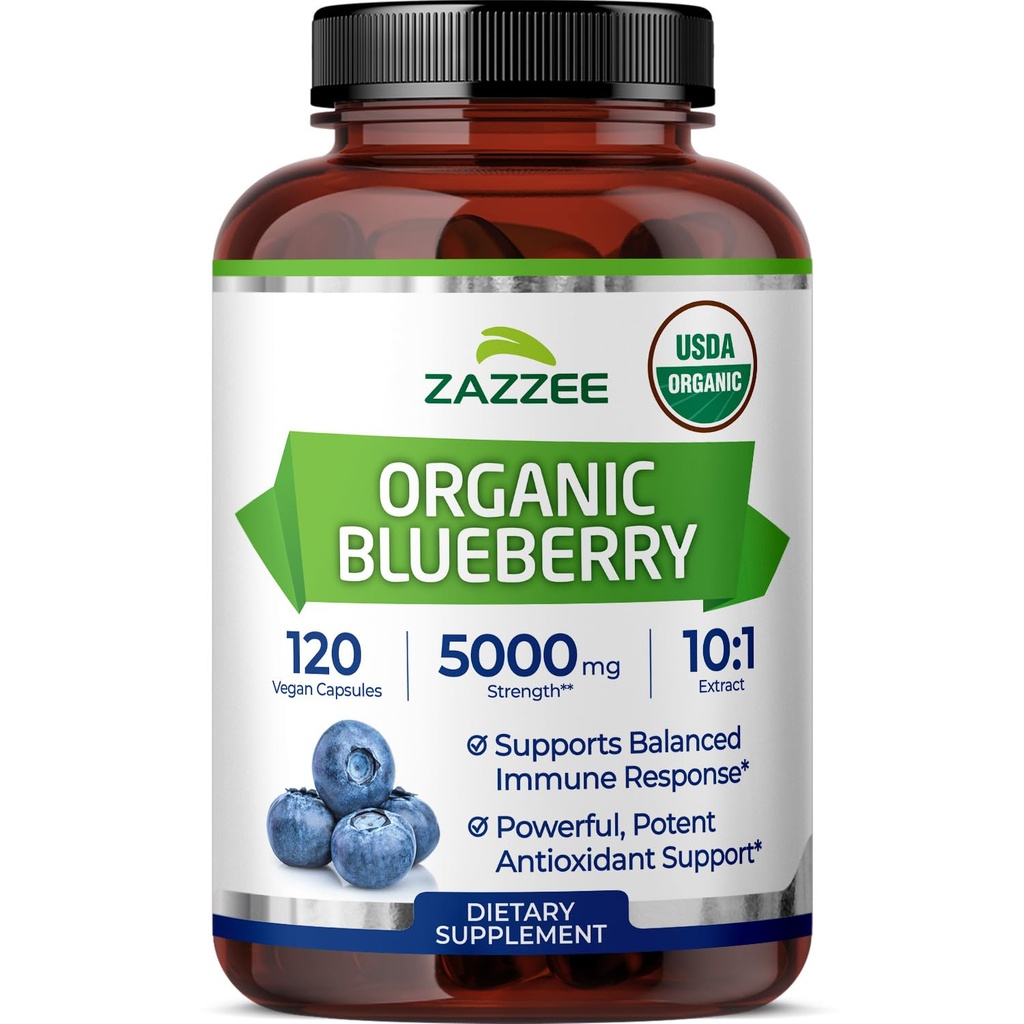Zazzee USDA Estratto di mirtillo biologico 10:1, 5000 mg di resistenza, 120 capsule vegane, 4 mesi di fornitura, concentrato e standardizzato 10X estratto di frutta integrale, 100% vegetariano, non OGM, Made in Italy