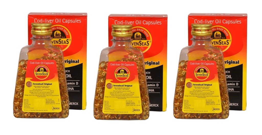 Seenseas Cod Liver Oil 500 softgel Capsules (Pack of 3) | 500 * 3=1500 Capsules | Pure Vitamin Rich | Migliore salute immunitaria, sano Bones & Muscoli Integratore alimentare
