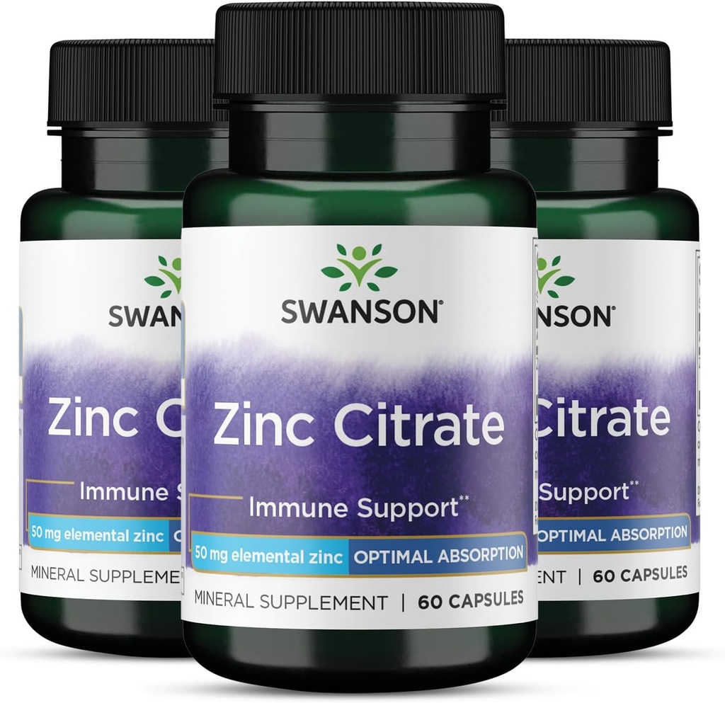 Citrato di zinco Swanson - Supplemento minerale Promuovere la salute della visione sana e del sistema immunitario - Formula naturale che supporta il benessere generale - (60 capsule, 50 mg ogni) 3 Pack
