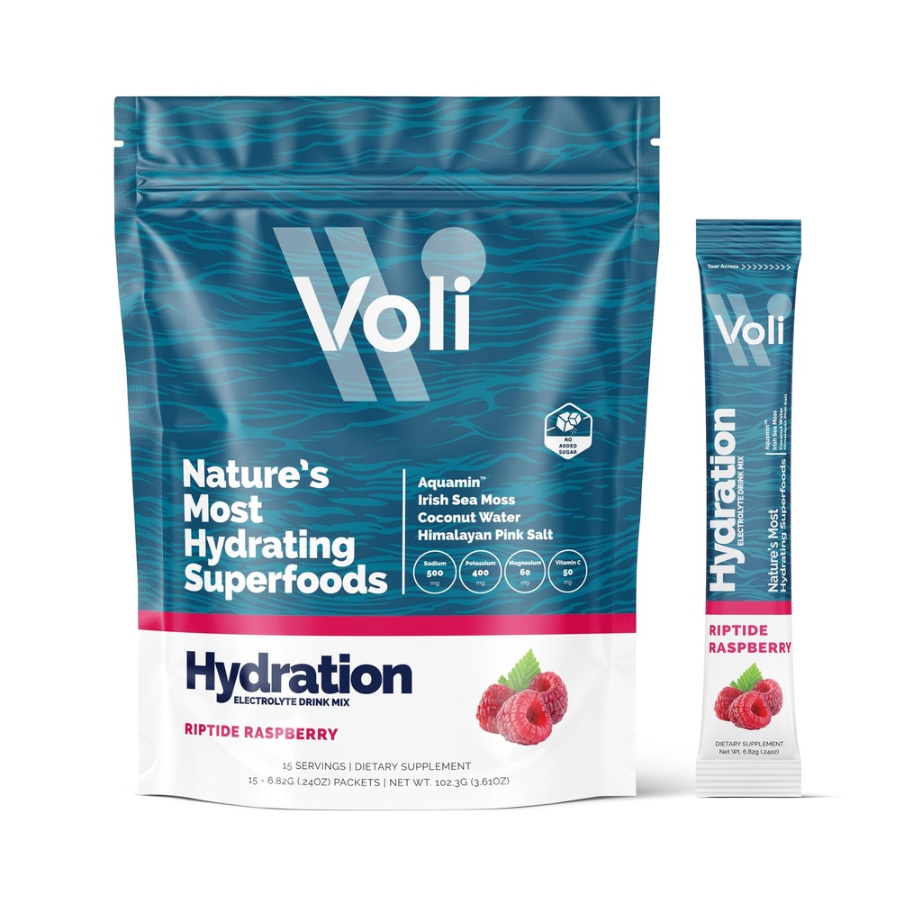 Voli Electrolytes Powder Packets | No Aggiunto Zucchero Electrolyte Drink Mix per Hydration | Keto & Fasting Friendly, Superfood naturali & minerali | Raspberry 15-Count