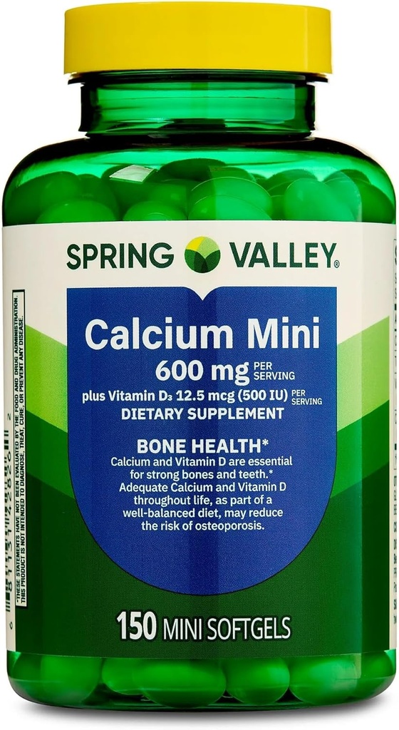 Integratore di calcio con vitamina D3-600mg di calcio per la salute del chiodo, 150 Mini Softgels, Calcium essenziale e supporto della vitamina D3