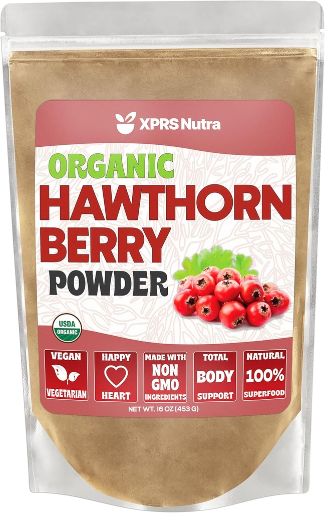 XPRS Nutra Organic Hawthorn Berry Powder - Premium USDA Organic Hawthorne Berry Powder per il supporto cardiovascolare - Vegan Friendly Hearth Health Supplement (16 oncia)
