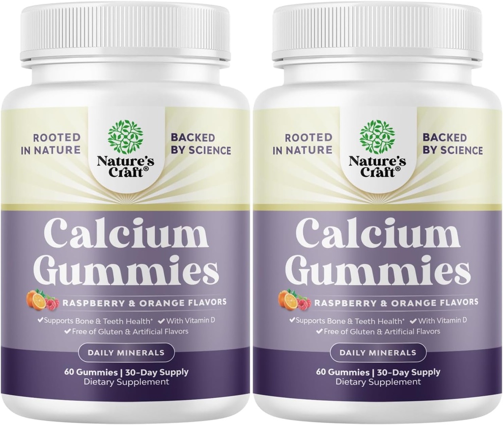 Gummie di calcio ad alto assorbimento con vitamina D3 - Gummie di calcio deliziose per gli adulti - Supplemento di masticabile e vitamina D per la salute e il supporto immunitario Gelatin-Free (2 Confezione)