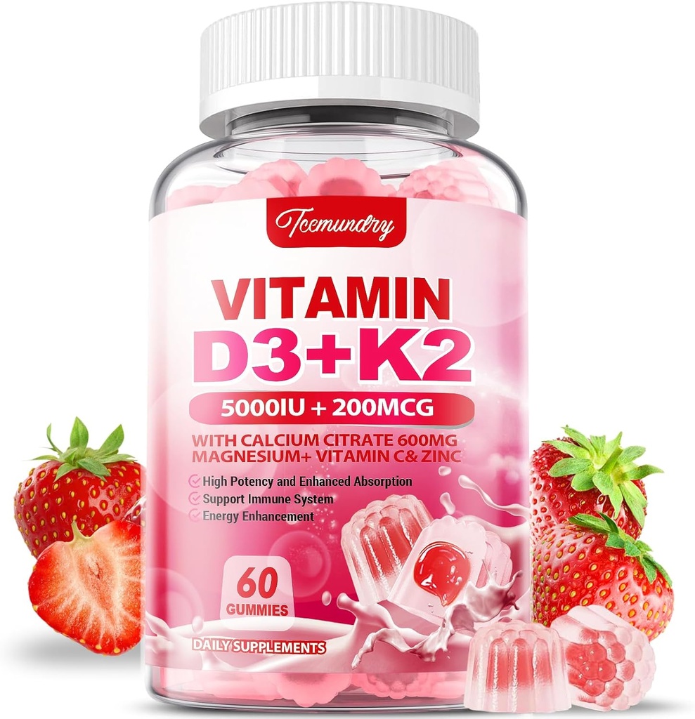 Vitamina D3 K2 Integratore per Adulti - Vitamina D3 5000 IU + K2 200 mcg - VIT D3 K2 Gummies con Calcio 600mg Magnesio Zinco & Vitamina C per Donne Uomini - Supporti B0ne, Immune Muscolare