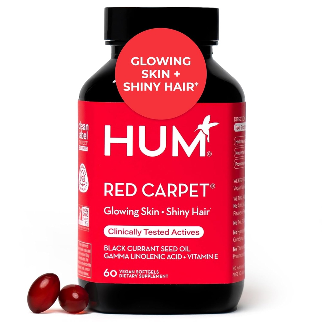 HUM Red Carpet Skin & Hair Vitamine per le donne con Omega 3 acidi grassi, vitamina E e olio di semi di ribes nero, supplemento per la salute della pelle e il supporto di follie di capelli sani, 60 Conte