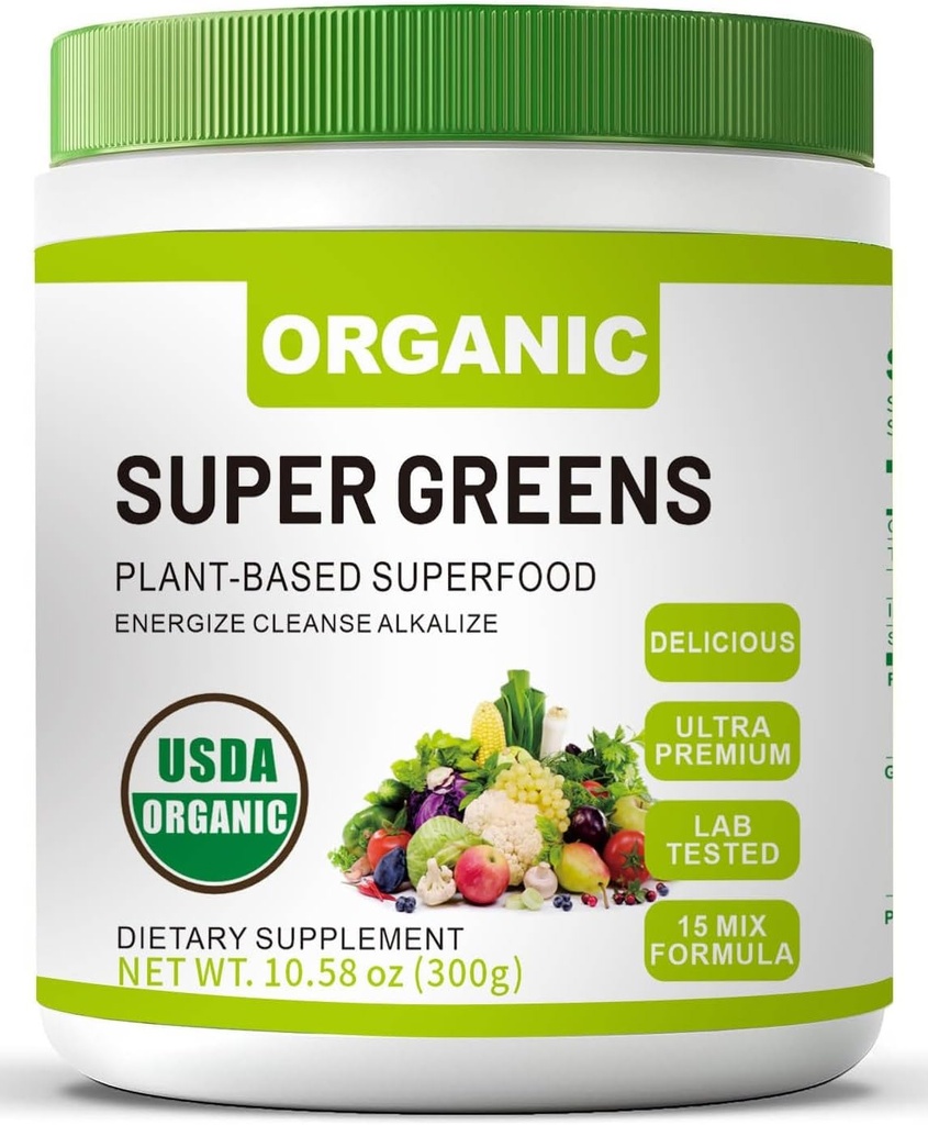 Polvere Superfood Organica Super Green con Spirulina & Chlorella per la salute del fegato, Supporta l'immunità, la salute digestiva, l'energia naturale, Probiotico, Antiossidante, Enzimi digestivi, (300grs)