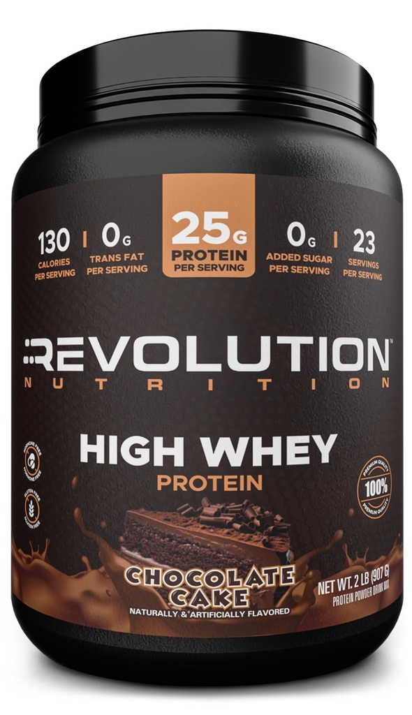 Rivoluzione Nutrition, Alto Siero, Protein Powder 2LB, Isolato di Siero, Senza Glutine, Massa Muscolare Magra per Uomini & Donne, 25g di Proteine Per Scoop, 908 g, 24 Serve (Chocolate Cake, 2 Pound)