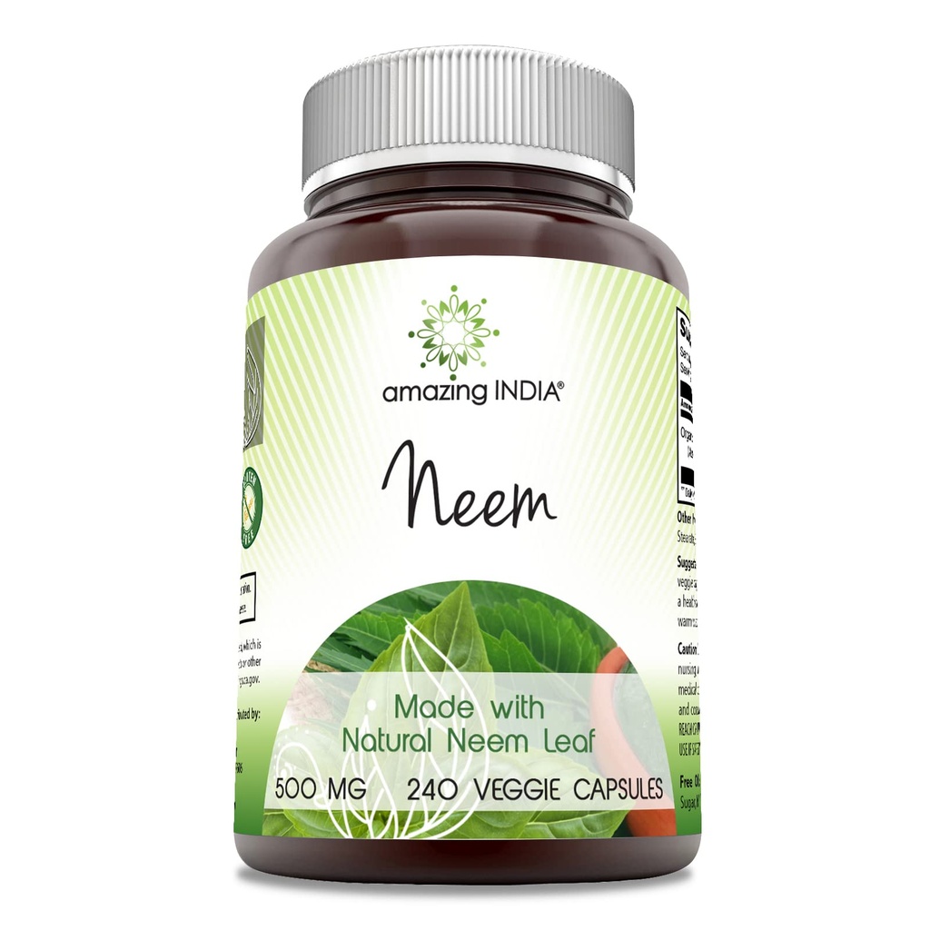 Incredibile India Neem (Made with Natural Neem Leaf) 500 mg Veggie Capsule Supplemento | Non-GMO | Gluten Free | Made in USA | Adatto per vegetariani (240)