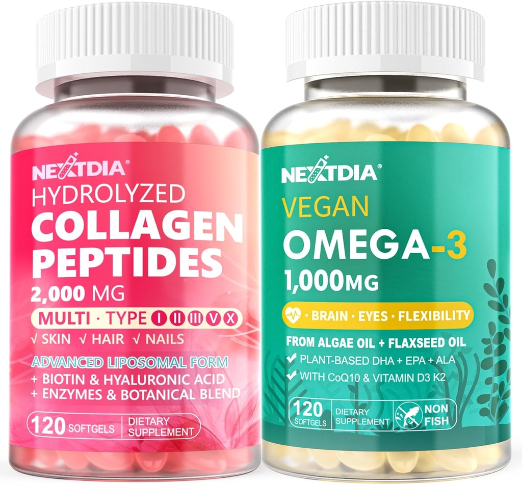 Pillole di peptidi di collagene idrolizzato + Vegan Omega 3 Supplemento con vitamina D3 K2