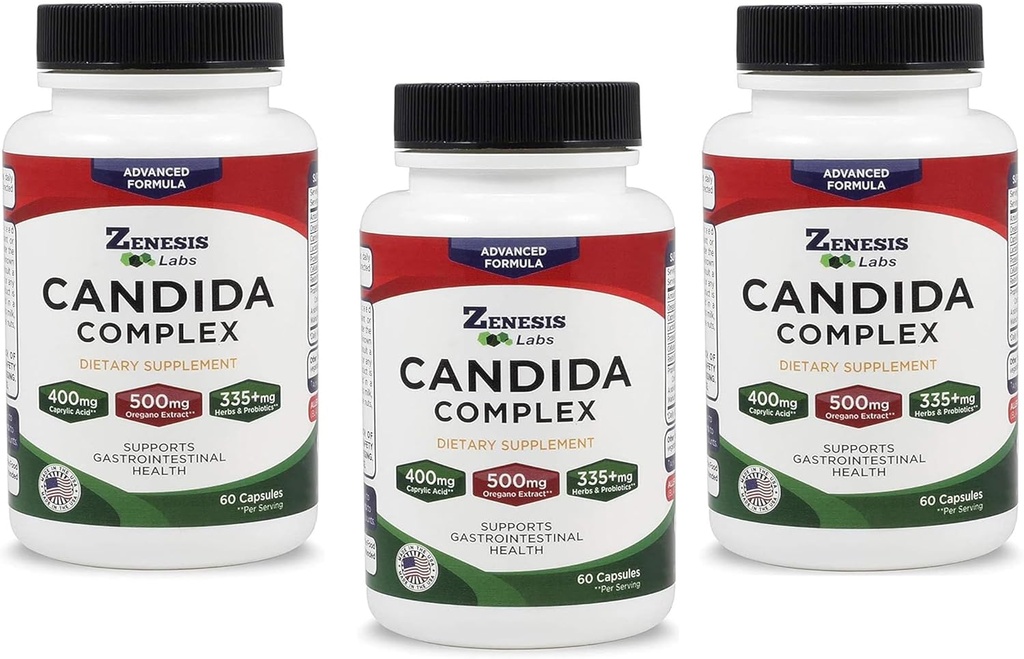 Zenesis Labs Candida Complex Cleanse Detox Caprylic Acid Supplement, Oregano Extract, Probiotics, Enzimi - Bulk 180 Capsules, 90 Day Supply (60 Capsule/Bottle)