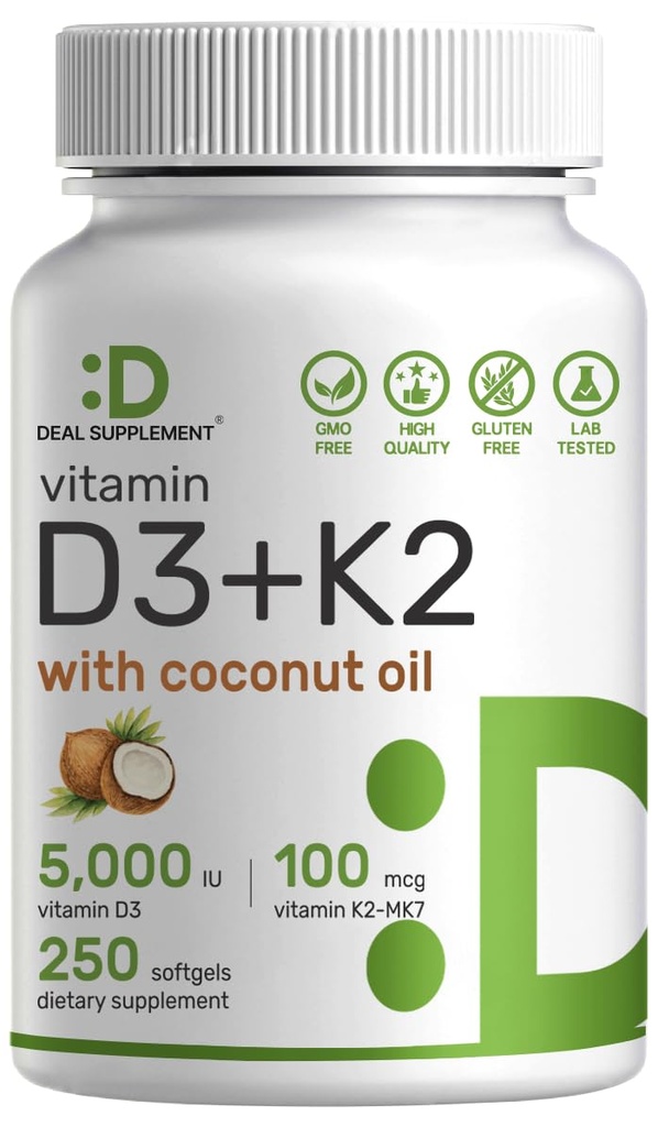 Vitamina D3 5000 IU + K2 MK7 100mcg Softgels | Complesso 2-in-1 con olio di cocco vergine | Supporta cuore, ossa, denti e salute immunitaria | Facile da ingoiare