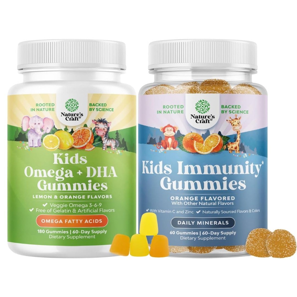 Bundle di Omega DHA Gummies per bambini - acidi grassi Omega 3 6 9 con vitamina C per cervello, immunità e visione e bambini sostegno immunità Gummies - Deliziosa vitamina C con Zinc & Echinacea Booster immunitario