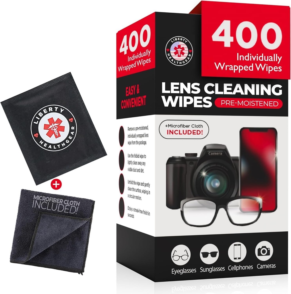 400 Pulitori per occhiali + Panno in microfibra per occhiali e lente detergente | Pre-Moistened, Individualmente Avvolto, Meno Alcohol Formula | Lens Wipes per occhiali, Occhiali, Lenti e Schermo
