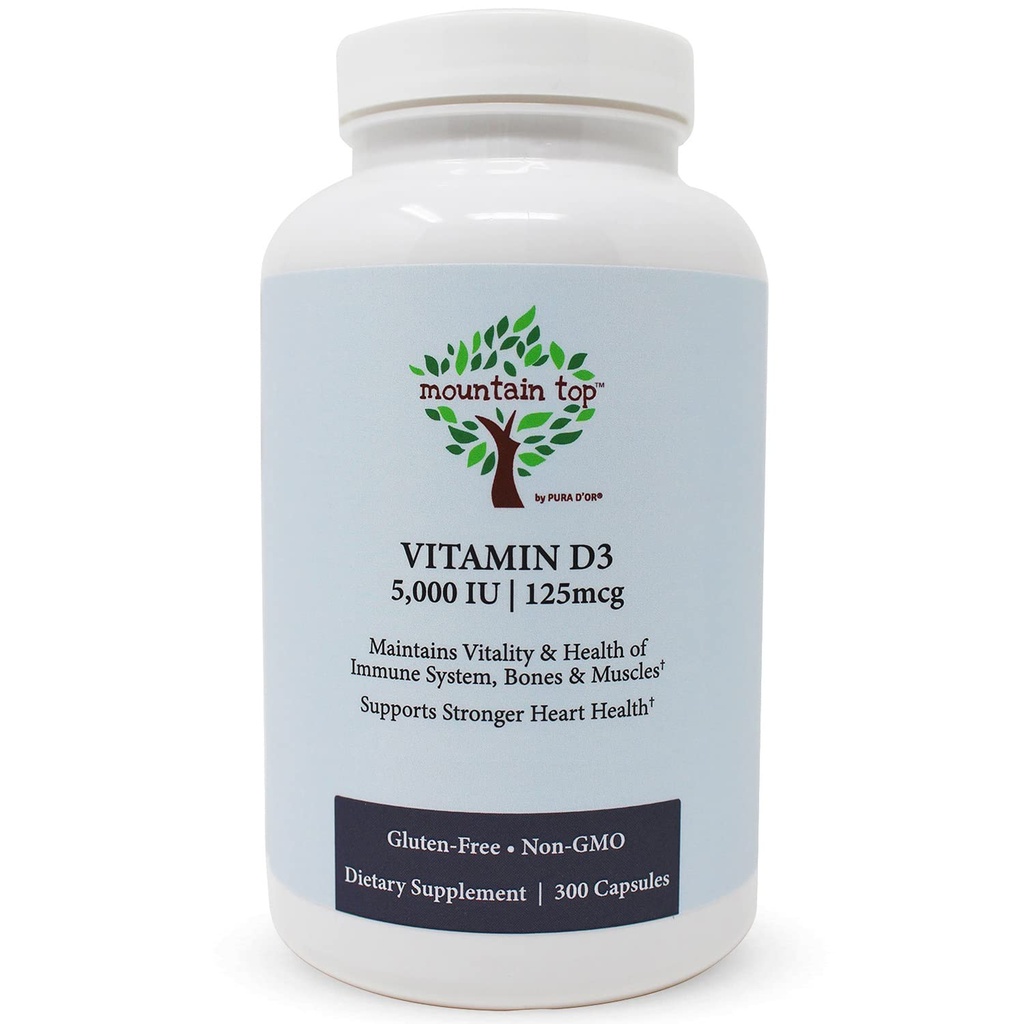 MOUNTAIN TOP Vitamina D3 5000 IU 125mcg Capsule (300 Conte) Aiuta a sostenere la salute immunitaria, le ossa forti e i denti, & Funzione muscolare - Non OGM, senza glutine