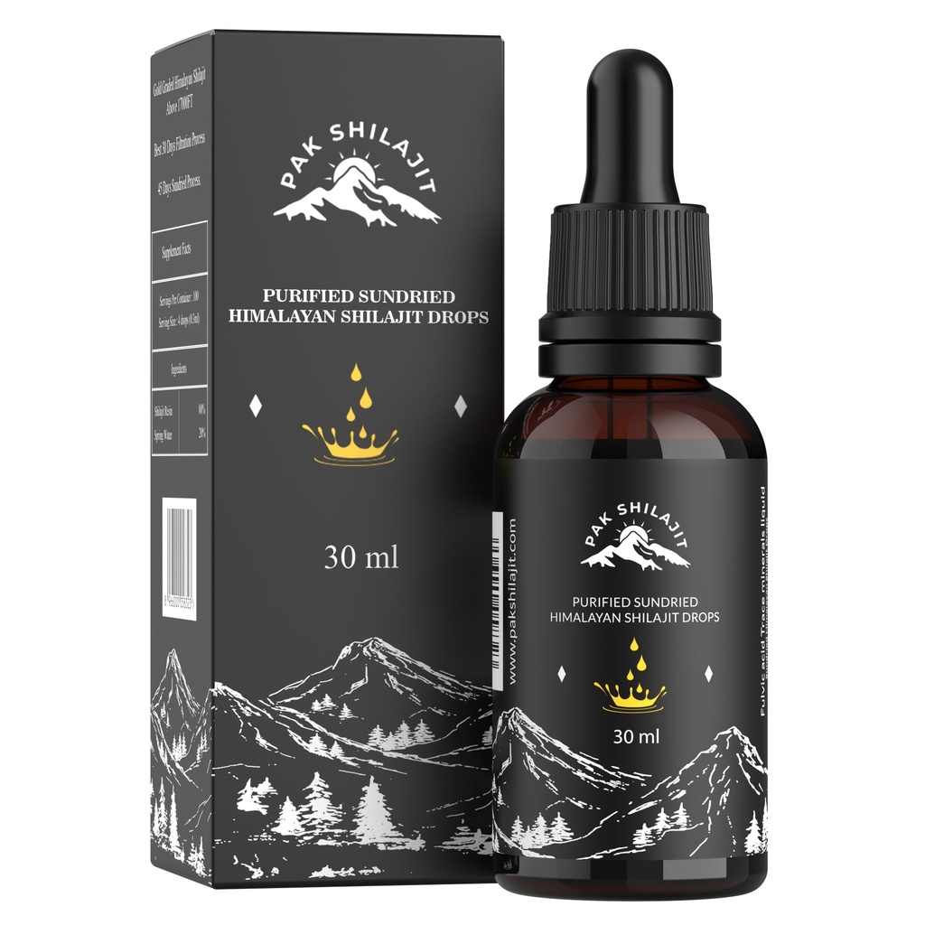 PakShilajit® Sun Dried Himalayan Shilajit Gocce liquide, La maggior parte Premium & Organic Gold Graded Shilajit Gocce Sopra 17000FT (30ML Pack), Ricco in acido fulvi
