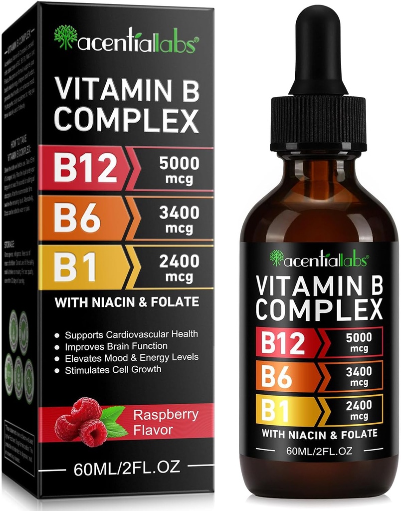 Vitamina B12 Gocce liquide - Vitamina B12 Organica Gocce sublinguali - Vitamina B-Complex B5 Acido pantotenico - Vegan B12 Sublingual 5000 mcg con vitamina B6, Liquido B12 Supporti metilcobalamina