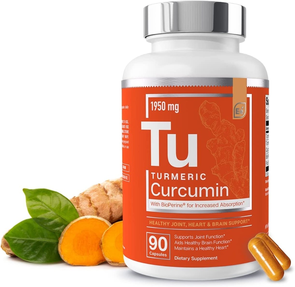 Elementi essenziali curcumina currica - Joint, Heart & Brain Support - con Bioperine per aumento dell'assorbimento 1950 mg - 90 capsule