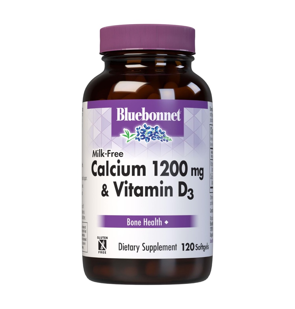 Bluebonnet Nutrition Calcium senza latte 1,200 mg Plus Vitamina D3 400 IU - Alta potenza, Assorbimento massimo Forte Sanità Bones & Immune Salute Supplemento, Senza glutine, Senza latticini, 120 Softgels