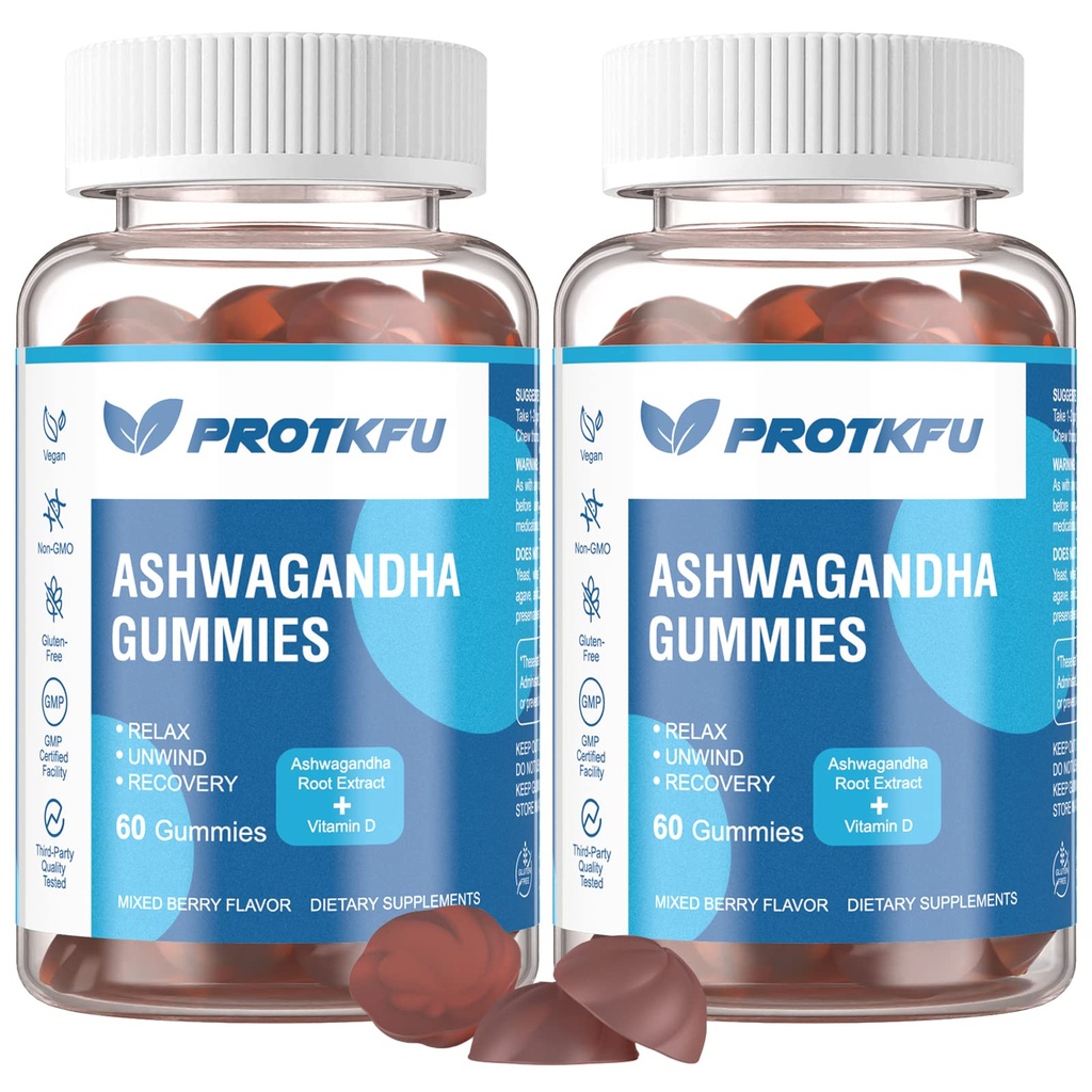 2 Pack Ashwagandha Gummies & Vitamina D3 Gummies Integratore organico di Aswangdha per migliorare il sonno, Rilievo di stress & Mood Calm (non OGM, senza glutine e senza zucchero)