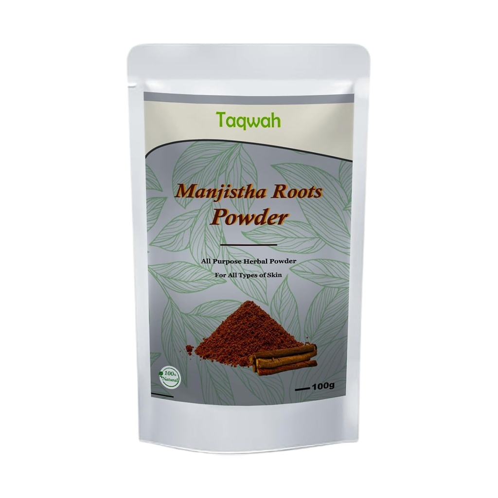 Manjistha Powder- Rubia Cordifolia per viso, capelli, e cura della pelle | Pulisce e purifica, tono della pelle brillante | Utilizzare come maschera del viso, Scrub esfoliante (100g)