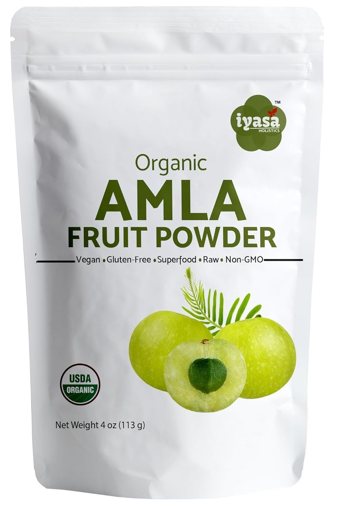 Polvere di frutta di Amla organica, polvere di berretto di Amalaki, confezione di prova di 4 ounce/112 gm, USDA Organic, Superfood crudo per pelle e capelli, sacchetto recuperabile di 4 oz