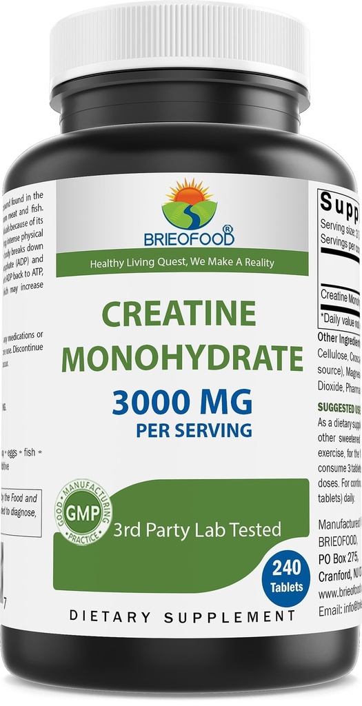 Brieofood Creatine Pills 3000 mg per Serving - 240 compresse - 3rd Party Lab Testato per purezza e qualità - Aiuta a migliorare le prestazioni atletiche